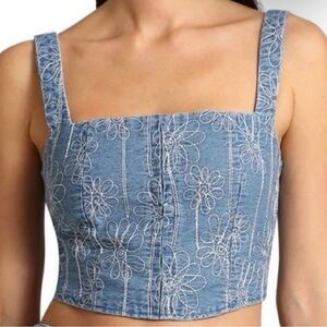House of Harlow 1960 Denim Crop Top with White Stitching~